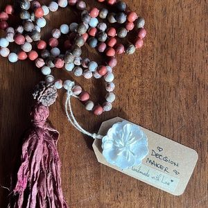 “Decision Maker”: Handmade Bronzite, Crazy Lace Agate, Apple Jasper Mala